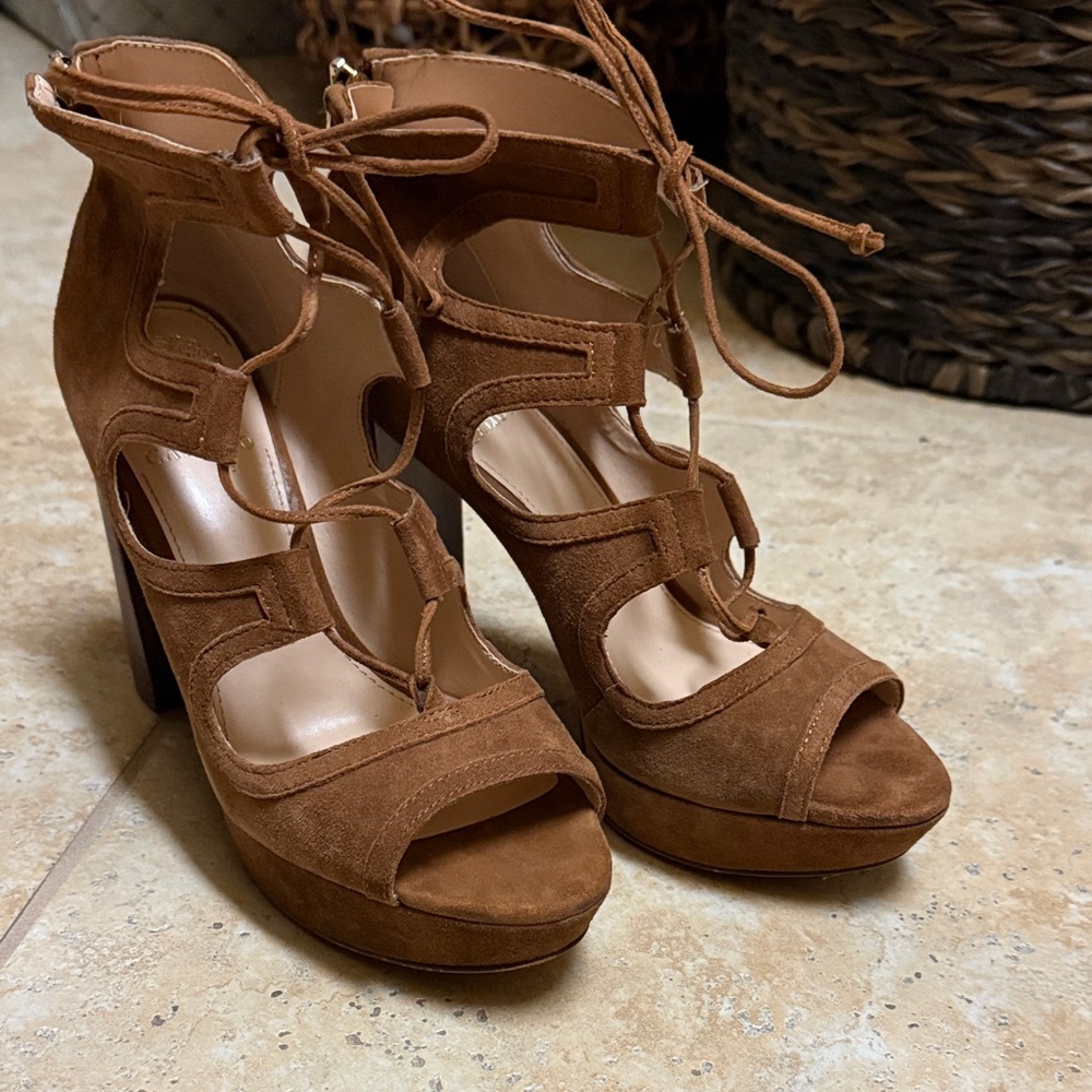 Vince Camuto Tan Suede Lace-Up Heels